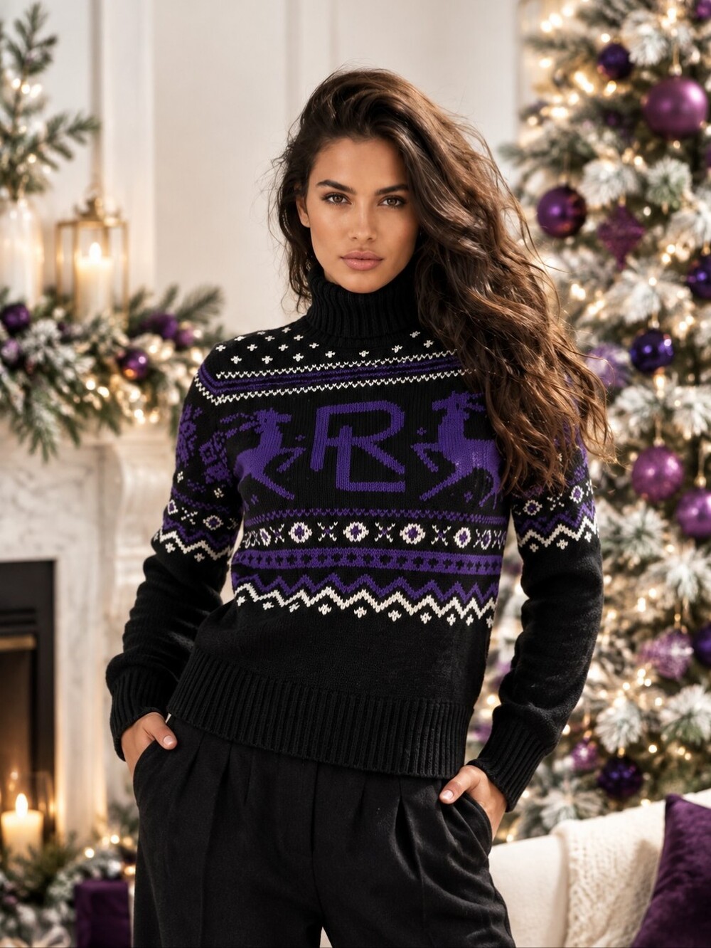 RALPH LAUREN COLLECTION Hand-Knit Cashmere Fair Isle Turtleneck Sweater Small